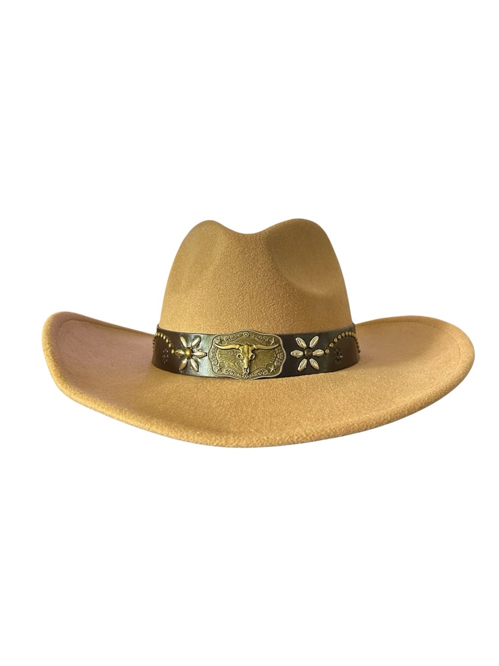 Western Felt Cowboy Hat with Decorative Leather Band - Tan